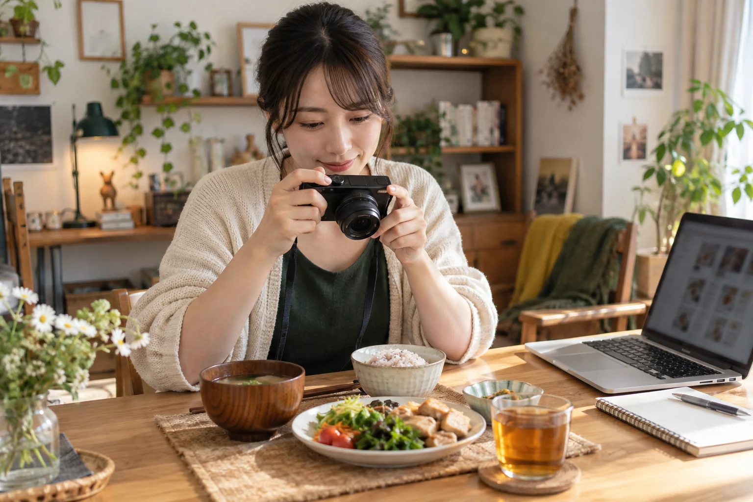 自作の料理をカメラで撮影し、ブログの内容を考える人