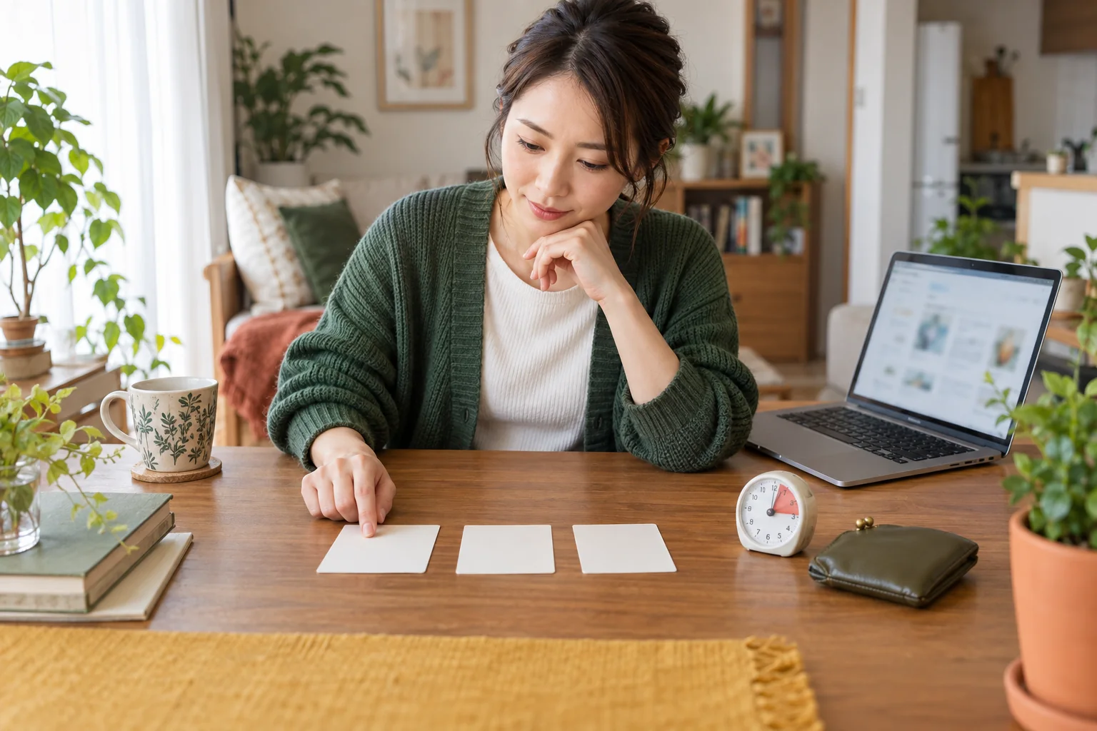 自宅の机で3枚のカードを並べ、副業の候補を比較する女性
