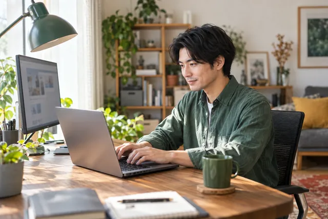 自宅でノートパソコンと外部モニターを使って作業する人