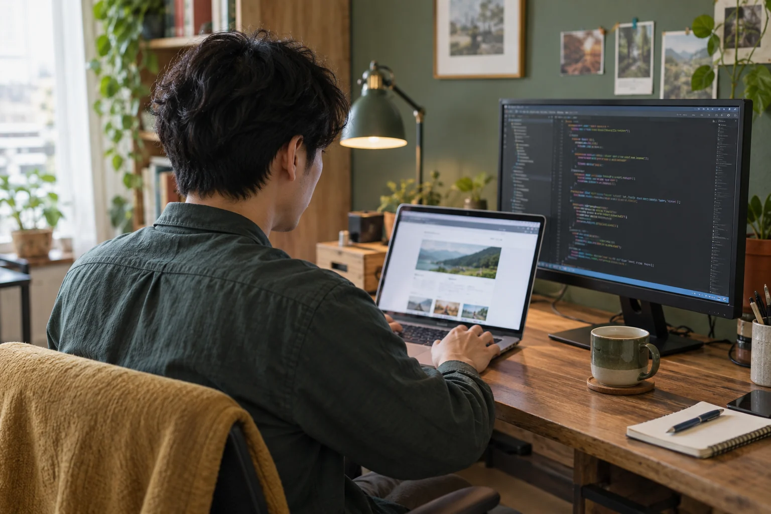 自宅の作業机でコードと画面の動きを確認する人