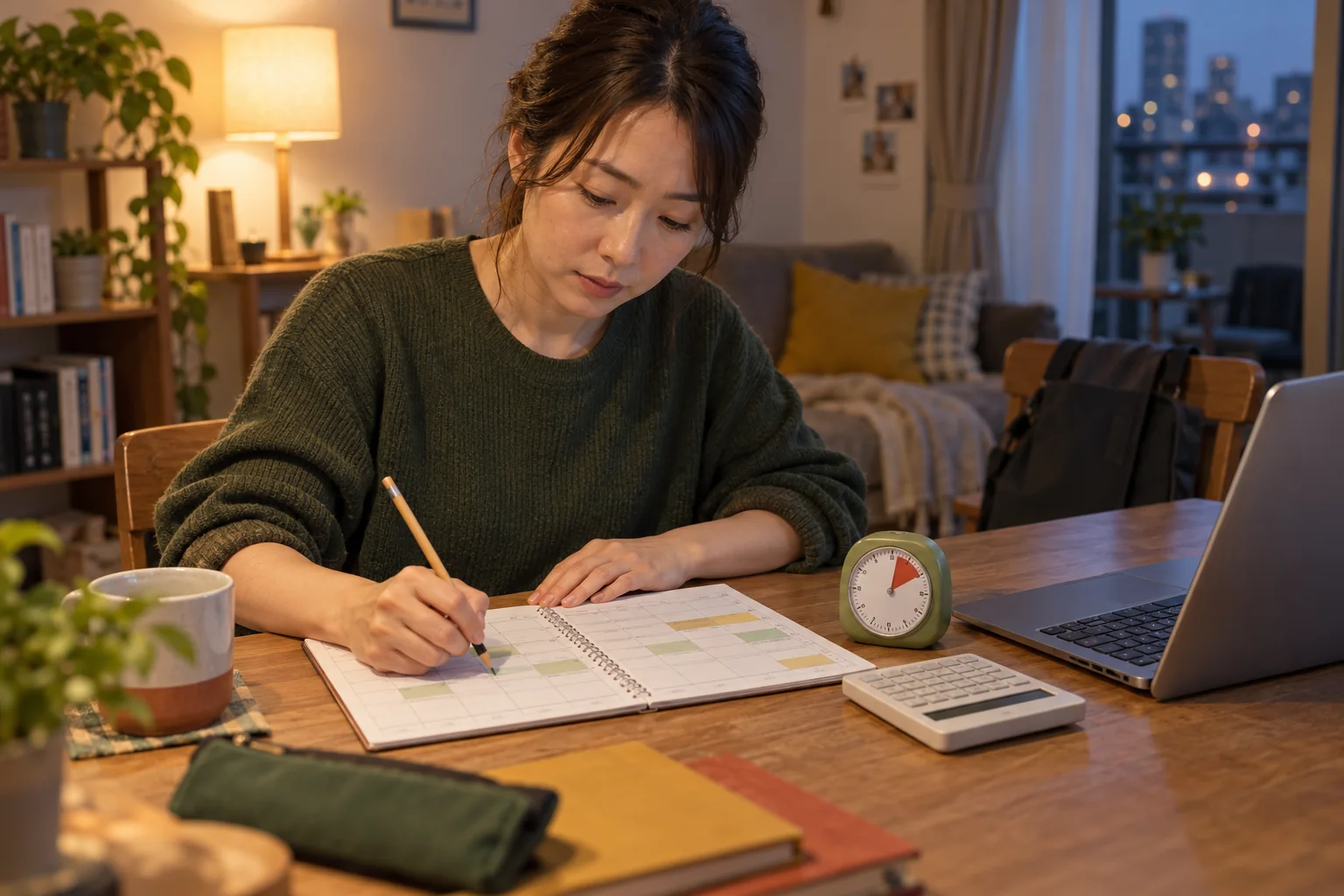 夜の部屋で予定表に作業時間を書き込み、電卓とタイマーで計画を確かめる女性