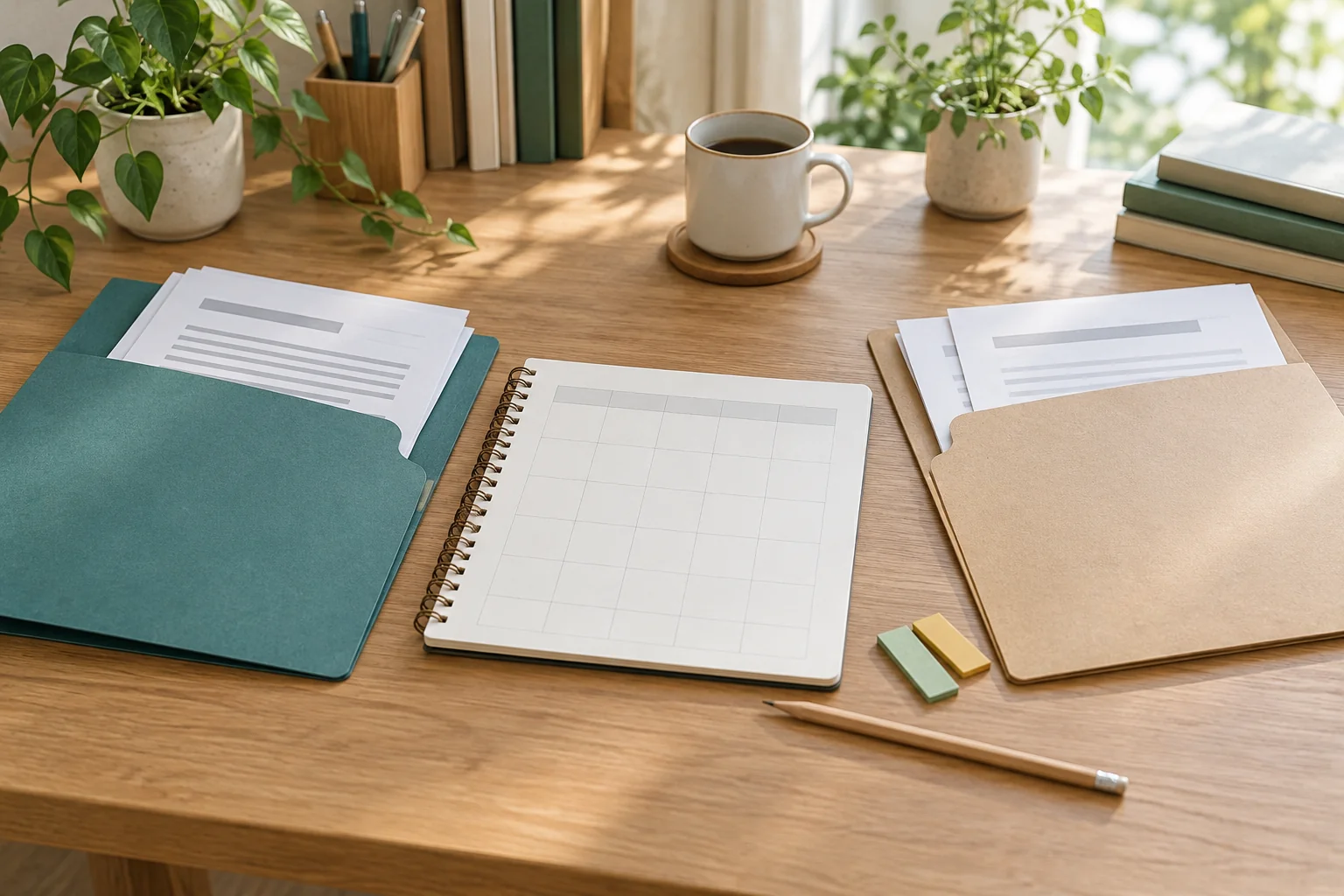 副業の手続きを整理するため、予定表と二つの書類束を並べた机