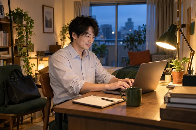 仕事を終えた夕方、自宅の机でパソコンに向かう会社員