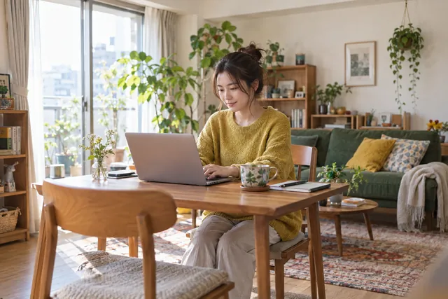 日差しの入るリビングの机でパソコン作業をする女性