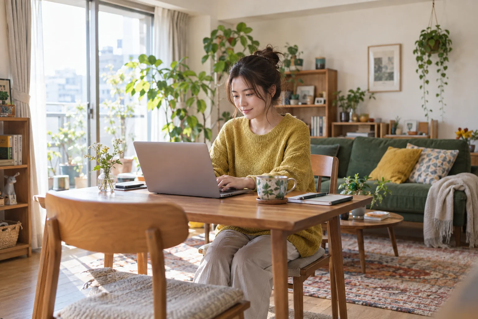 日差しの入るリビングの机でパソコン作業をする女性