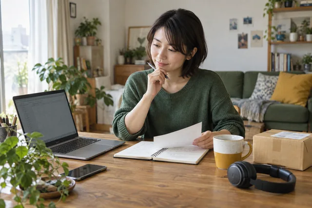 パソコン、ノート、小包を前に、自分にできる作業を整理する女性