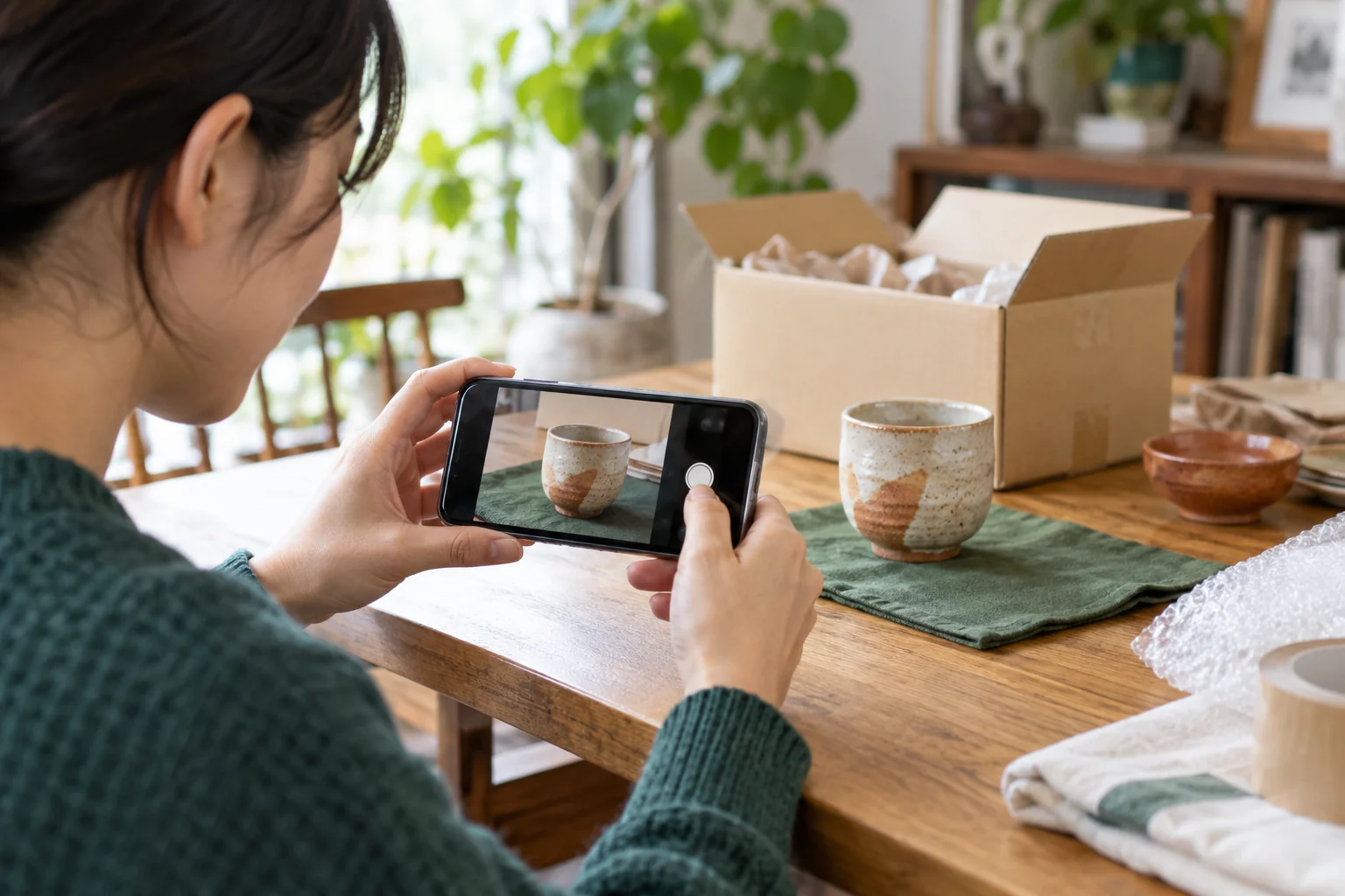 出品するカップをスマートフォンで撮影する手元
