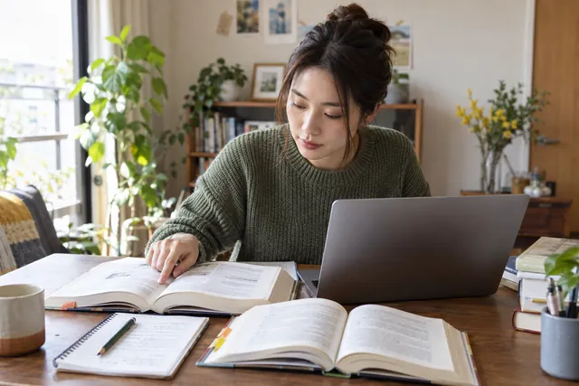 参考書とパソコンを照らし合わせながら翻訳を考える人