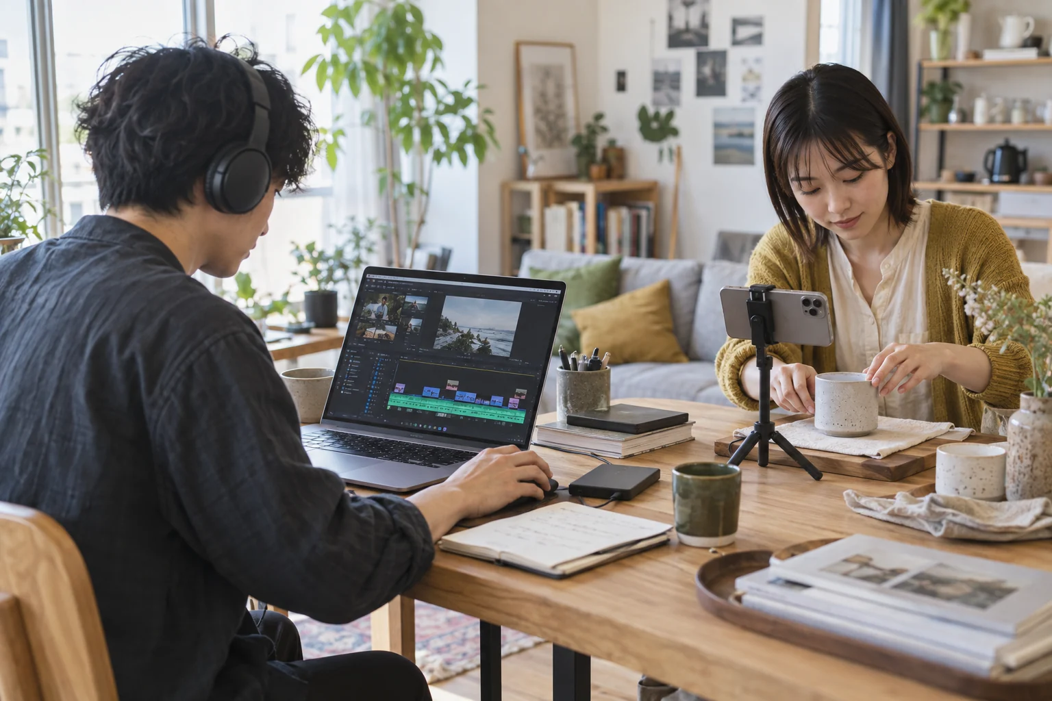 動画を編集する人と、スマートフォンで商品を撮影する人