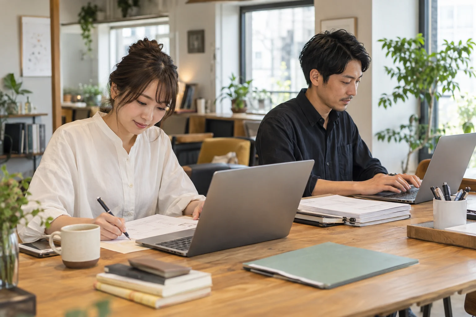 同じ作業スペースで文章を見直す人と資料を入力する人