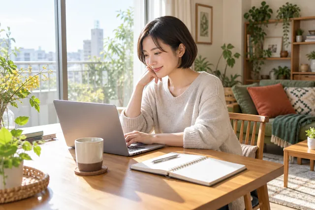 休日の朝、明るい窓辺で自分の作業に取り組む人