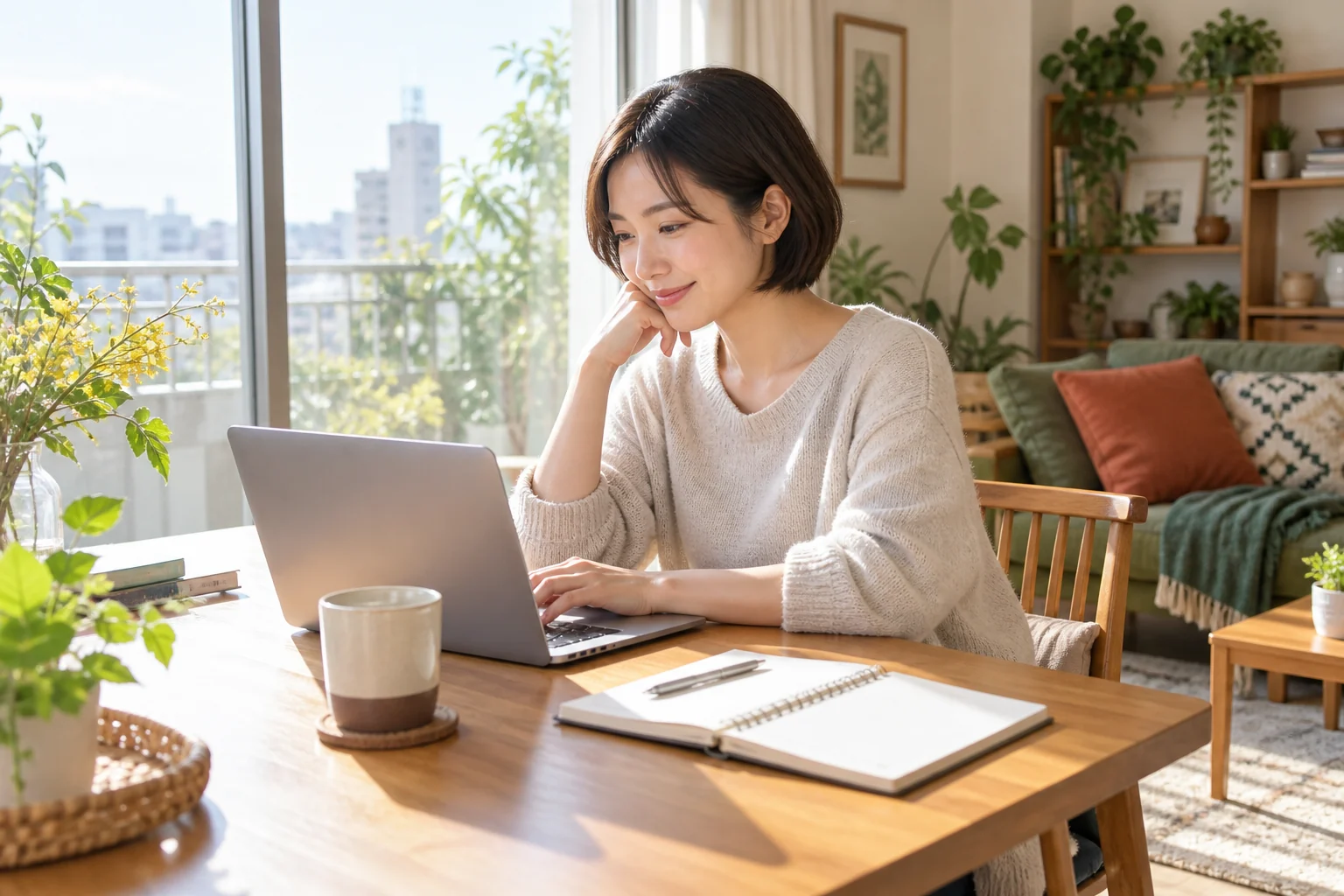 休日の朝、明るい窓辺で自分の作業に取り組む人